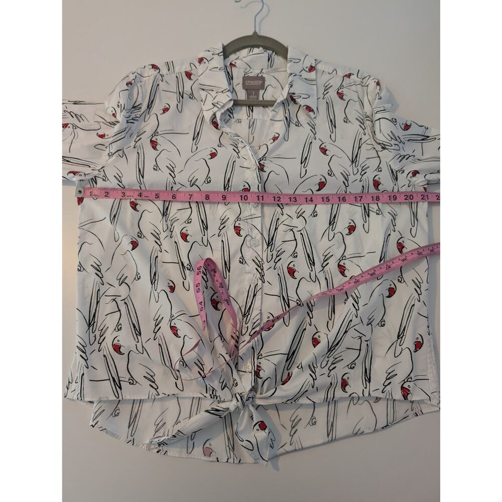 Chicos Top Amazon Parrots Print Tie Front Popover Alabaster Novelty White Size M - Picture 9 of 10